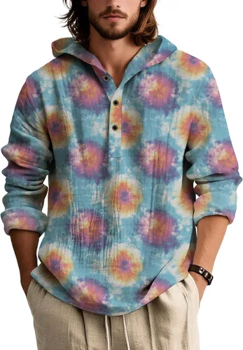Vista 8 de Camisas de manga larga con estampado de teñido anudado para hombre, sudadera con capucha de 3 botones, sudadera retro cómoda con capucha