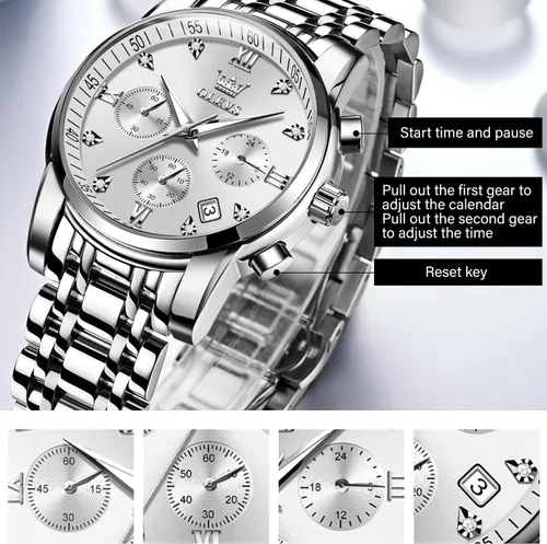Vista 4 de OLEVS Relojes impermeables para hombre, de acero inoxidable, con cronógrafo, de lujo, color blanco, luminoso, de gran cara, analógico, de cuarzo