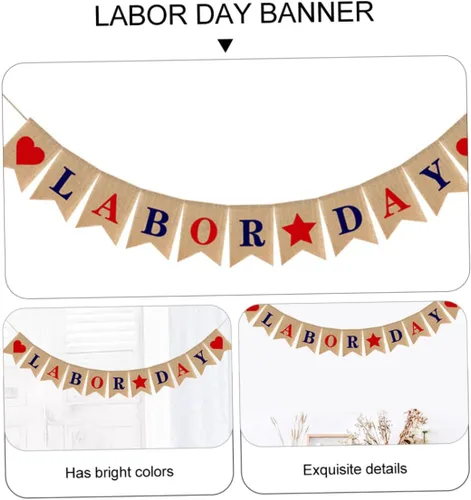 Vista 6 de Bandera del Día del Trabajo, adornos de arpillera, decoración del hogar, decoración de fiesta de trabajo, pancarta del 4 de julio, pancarta