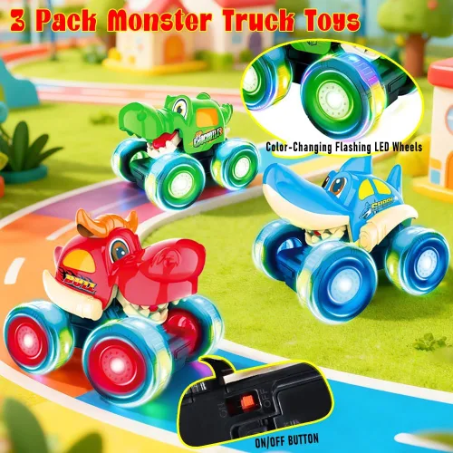Vista 3 de Camión monstruo, autos de juguete para niños pequeños de 1 a 3 años con Bull Shark Crocodile Glow Rover Wheels Press and Go Cars Monster Trucks