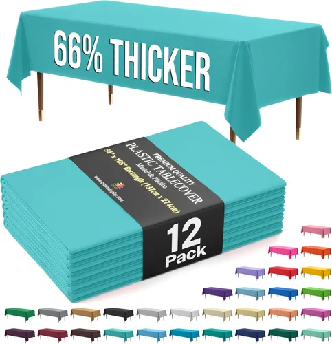 Vista 8 de Exquisite 66% Thicker Premium Plastic Table Cloth Rectangle Table Cover 0.5 Mil 6 Pack Aqua Table Cloth 54 Inch x 108 Inch Disposable Tablecloth