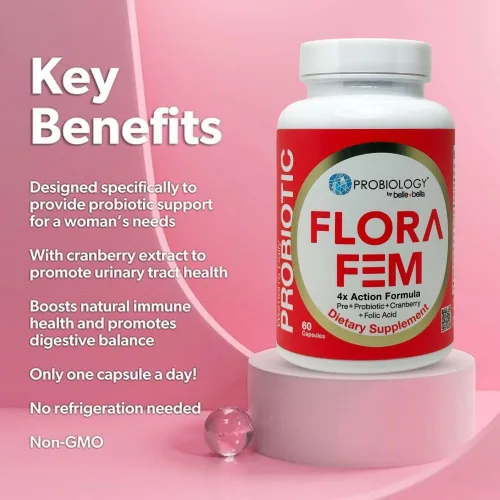 Vista 4 de Belle+Bella Probiology Flora Fem - Probióticos diarios para mujeres - Prebiótico de acción 4X + probiótico + arándano + ácido fólico para la salud