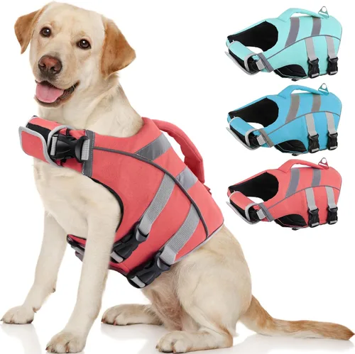 Vista 13 de Kuoser Chaleco salvavidas reflectante para perro, chaleco salvavidas para nadar y navegar Chalecos salvavidas ajustables para mascotas, traje