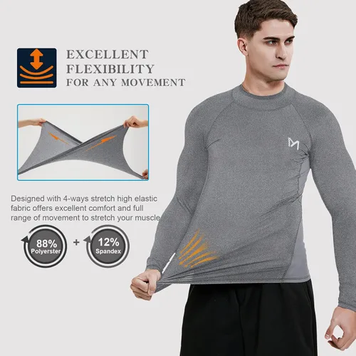 Vista 3 de MEETYOO Camiseta de compresión para hombre, de secado rápido, manga larga, atlética, para correr, gimnasio