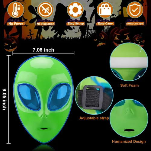 Vista 5 de Tanganan Máscara LED de alienígena para adultos y niños, máscara de Halloween con luz LED, 3 modos de iluminación, máscara facial para disfraz