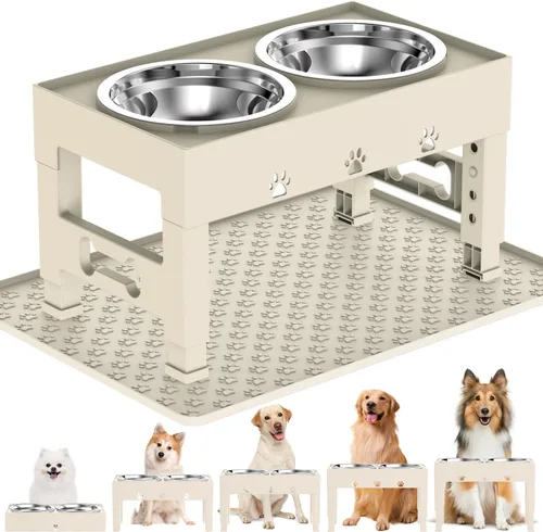 Vista 10 de LAKIPETN Tazones elevados para perros con 2 cuencos de acero inoxidable, soporte elevado para comida para perros, 5 alturas ajustables