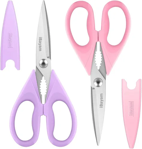 Vista 11 de iBayam Tijeras de cocina multiusos con funda protectora, tijeras de acero inoxidable duraderas, aptas para lavavajillas, mango cómodo de agarre suave