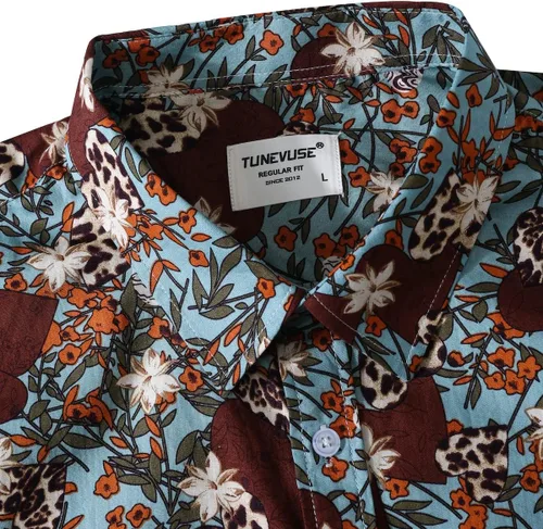 Vista 3 de TUNEVUSE Camisa de vestir floral de manga larga para hombre con estampado de flores y botones de algodón