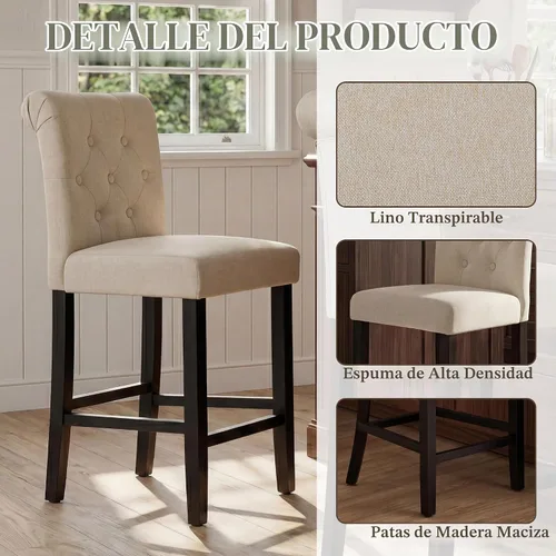 Vista 6 de GOTMINSI Taburetes de tela beige de 24 pulgadas, juego de 2 sillas tapizadas de altura de mostrador con decoración copetuda de estilo ocio