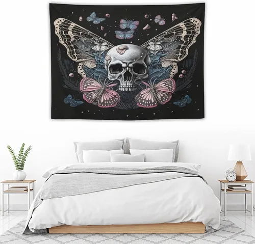 Vista 2 de Naykow Tapiz de calavera y mariposa, tapiz rosa trippy negro, tapiz de bruja gótica para dormitorio, decoración de habitación hippie de mariposa