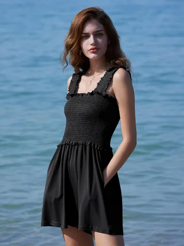 Vista 4 de DEEP SELF Mameluco de verano sin mangas para mujer, cuello cuadrado, tirantes con volantes, con bolsillos
