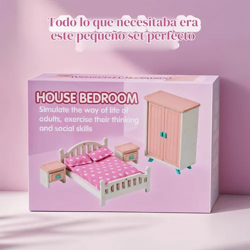 Vista 7 de BABESIDE Juego de muebles de dormitorio de casa de muñecas, 7 piezas de accesorios de casa de muñecas de madera rosa para muñecas de 3 pulgadas