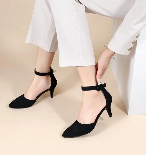 Vista 3 de Ankis Zapatos de tacón bajo para mujer, tacón de punta cerrada color negro y dorado para mujer, zapatos de vestir, tacón bajo para boda, novia