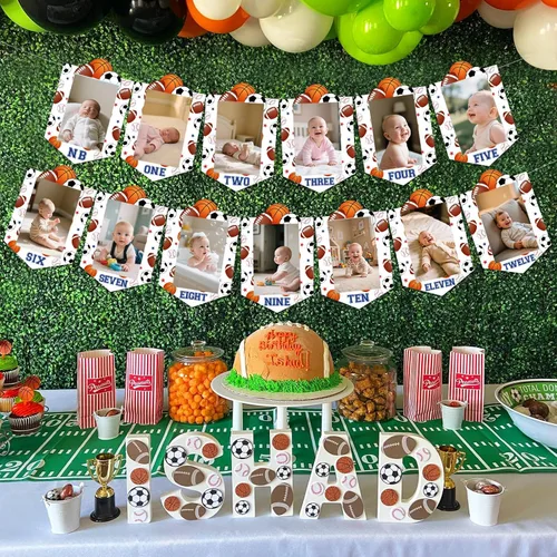 Vista 5 de Sursurprise Decoraciones deportivas de primer cumpleaños, pancarta mensual de fotos para niños, suministros de fiesta de primer cumpleaños
