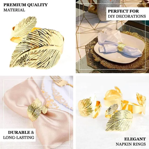 Vista 4 de Efavormart - Servilleteros de lino con hojas ornamentadas de oro metálico, paquete de 4