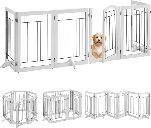 Vista 11 de Yaheetech Puerta extra ancha independiente para perros, valla plegable para cachorros con pies de apoyo adecuada para puertas, escaleras, 98 Espresso