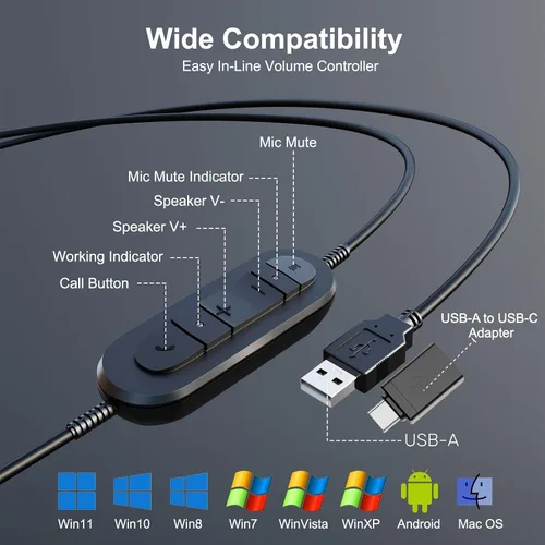 Vista 6 de Auriculares USB con micrófono para oficina centro de llamadas telefónico, auriculares USB-A ligeros de 1 oreja con micrófono con cancelación
