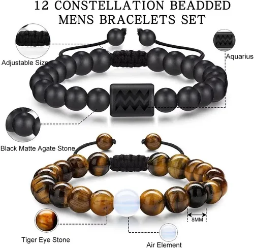 Vista 3 de Pulseras del zodiaco para hombres y mujeres, hechas a mano, ojo de tigre natural de 0.315in y piedra de ágata mate para hombre, pulseras