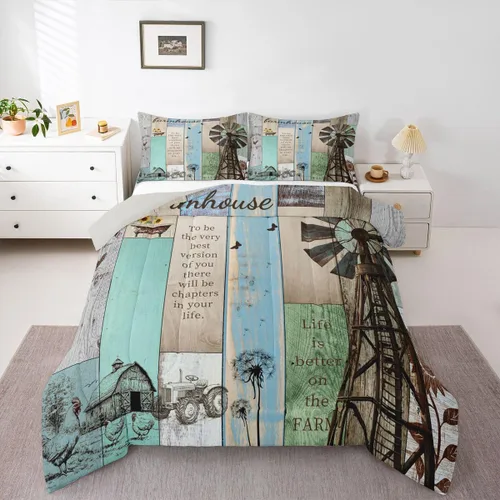 Vista 21 de Erosebridal Juego de edredón rústico de colibrí, juego de ropa de cama de molino de viento rústico para niños, adolescentes y adultos, relleno