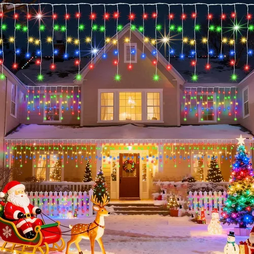 Vista 9 de Luces de carámbano de Navidad para decoración al aire libre, 8 modos, 300 luces LED conectables de 30 pies, 60 gotas para aleros, ventana, hogar