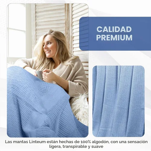 Vista 2 de Linteum Textile Supply Manta de tejido leno azul, tamaño Queen 100% algodón, ligera, cálida, esponjosa, suave y duradera, manta de cama premium