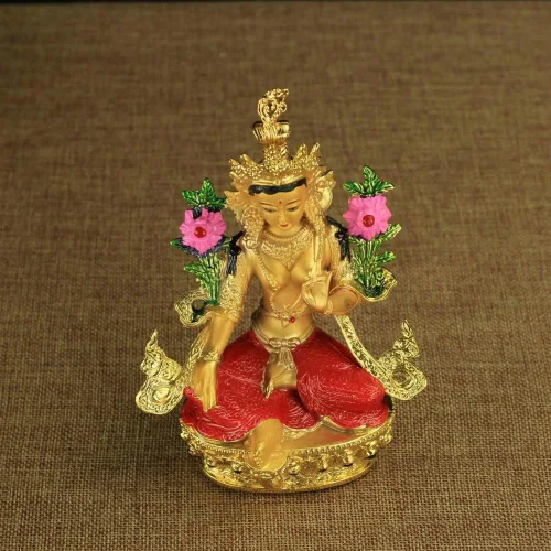 Vista 3 de Estatua de Bodhisattva Ocho Mascota Budista Proveedores Cobre Dorado Color Verde Tara Buddha Estatua