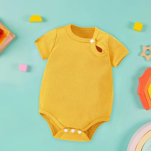 Vista 4 de Mameluco unisex de algodón para bebé, niña de manga corta, color sólido, enterizo de verano lindo a la moda, S