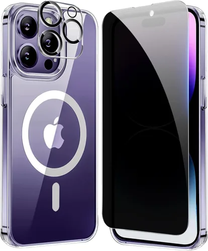 Vista 7 de Funda de privacidad para iPhone 14, funda magnética transparente con protector de pantalla de privacidad y protector de cámara