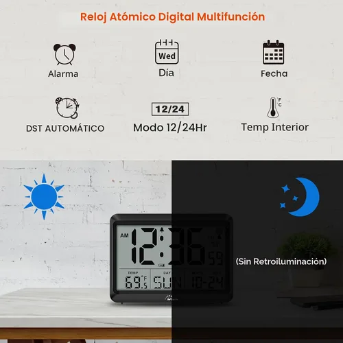 Vista 3 de WallarGe - Reloj de pared digital atómico, funciona con pilas, autoconfiguración, pantalla grande con temperatura, fecha, día de la semana, reloj