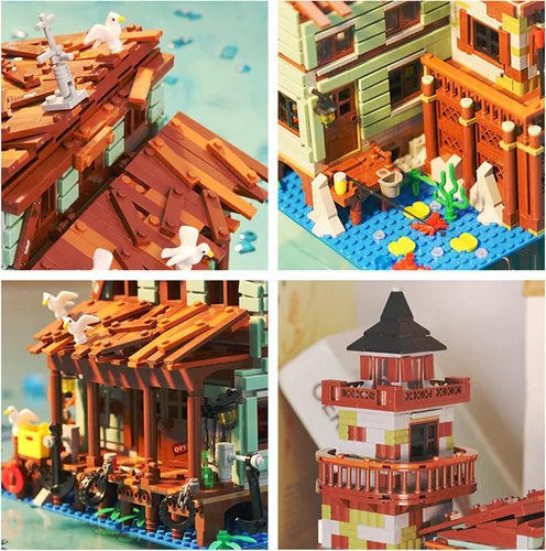 Vista 4 de 1881 piezas de bloques de construcción de cabaña de madera de pueblo pesquero con iluminación LED, ideales creativos, juegos de construcción