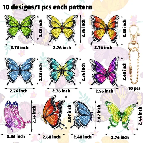 Vista 2 de Juego de 10 llaveros de pintura de diamante de mariposa de doble cara, llaveros artísticos de diamantes 5D para colgar adornos de diamantes