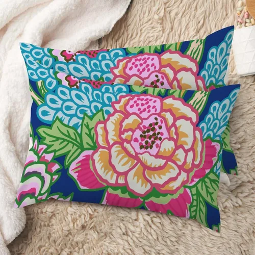 Vista 49 de Juego de 2 almohadas coloridas de estilo chinoiserie, color rosa intenso, azul real, peonía, floral, blanco, lino, estilo chinoiserie, para sofá