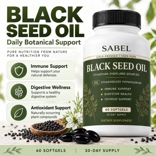 Vista 3 de Sabel Life - Cápsulas blandas de aceite de semilla negra etíope, timoquinona estandarizada al 5%, fórmula de Nigella sativa prensada en frío