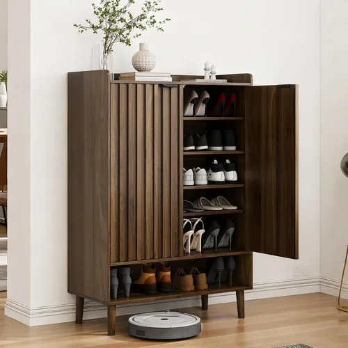 Vista 10 de Smuxee Armario de zapatos con 2 cajones abatibles, gabinete de almacenamiento de zapatos oculto natural de 23.6 pulgadas con diseño estriado