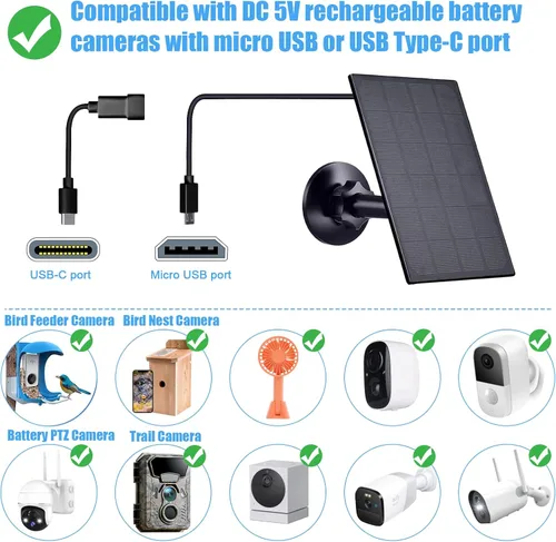 Vista 3 de Zivif Panel solar para cámara de seguridad, cargador solar de 2 W con puerto micro USB y USB-C para cámara de batería recargable, con soporte