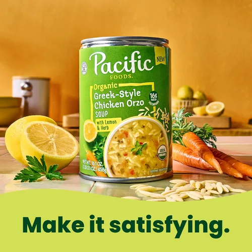 Vista 5 de Pacific Foods Caldo de pollo orgánico estilo griego con orzo, limón y hierba, lata de 16.1 oz