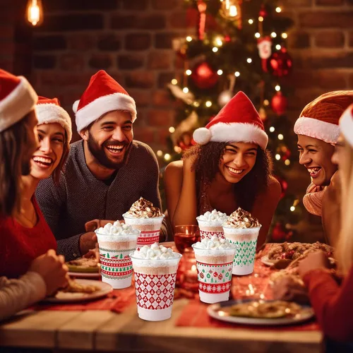 Vista 4 de Qinyoung 100 Piezas Vasos de Plástico de Navidad de 12 onzas Vasos Desechables de Navidad Rojo y Verde Suéter Árboles de Navidad Diseño de Copos