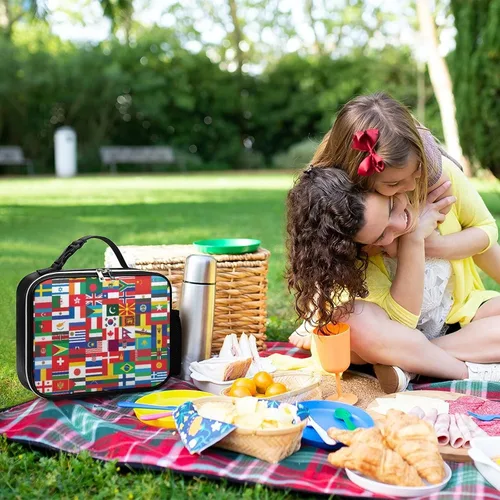 Vista 6 de Bolsa de almuerzo con bandera mundial, reutilizable, aislada, desmontable, de cuero, con asa para preparación de comidas, soporte para picnic