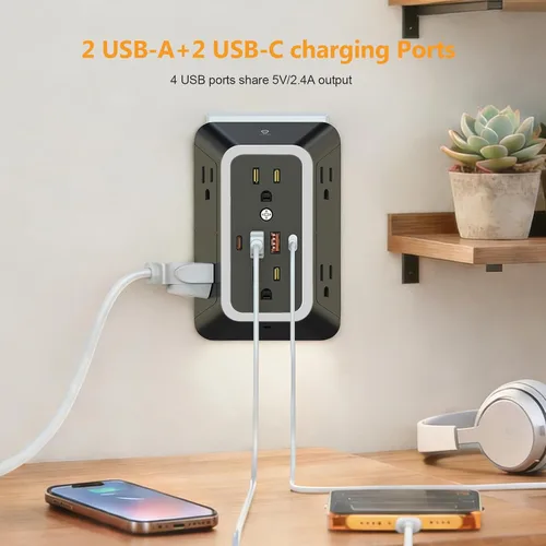 Vista 3 de Extensor de toma de corriente de pared con luz nocturna, adaptador de enchufe de alimentación extensor de 6 salidas con 4 puertos de carga USB