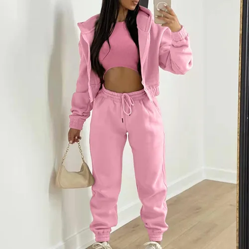 Vista 2 de Conjunto deportivo de 3 piezas para mujer, para otoño e invierno, manga larga, sudadera corta con pantalón corto, ajuste holgado, con capucha