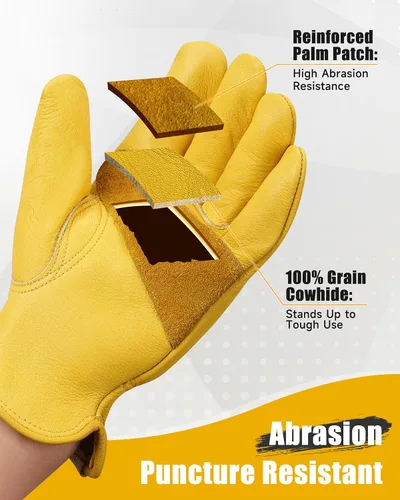 Vista 2 de DULFINE Cowhide Leather Work Gloves for Men & Women, Reinforced Durable Gardening Gloves, Puncture & Cut Resistant