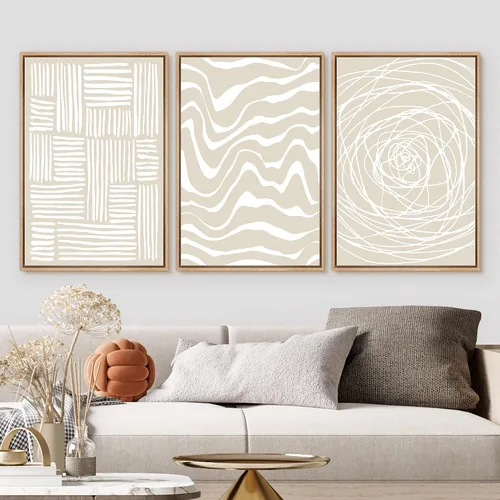 Vista 10 de Arte de pared neutro abstracto beige para pared, pinturas minimalistas bohemias, arte en lienzo de mediados de siglo, impresiones modernas