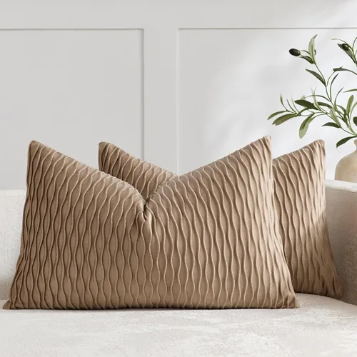 Vista 9 de DEZENE Fundas de almohada para sofá color marfil blanco: pack de 2 fundas de almohada cuadradas de terciopelo a rayas originales de 16x16 pulgadas