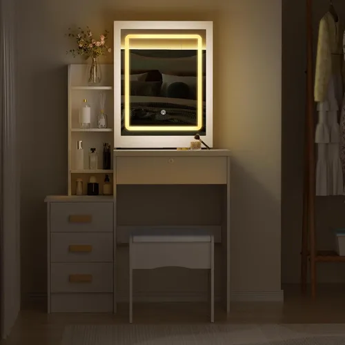 Vista 6 de Escritorio de tocador de maquillaje con espejo y luces, mesa de tocador con 4 cajones, 7 estantes y espacio extra oculto, tocador compacto