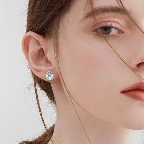 Vista 2 de Aretes de pandaperezoso para mujer, plata de ley 925 con piedra lunar, regalo de pandaperezoso para niñas, joyería de piedra lunar