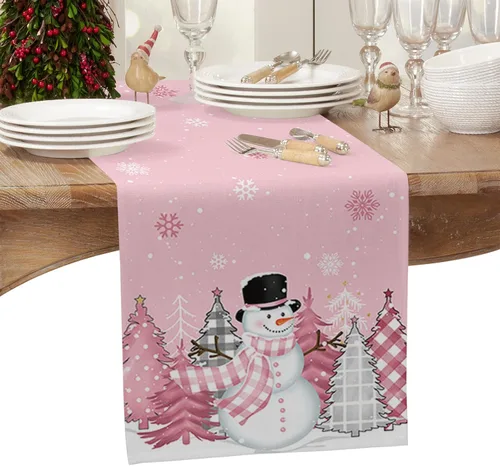 Vista 2 de Camino de mesa de muñeco de nieve rosa rubor, lino de algodón, bufandas de 36 pulgadas, diseño de lunares de Navidad para cocina, café, comedor
