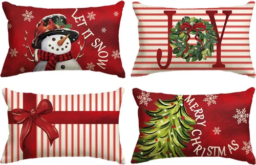 Vista 9 de AVOIN colorlife - Juego de 4 fundas de cojín con diseño de muñeco de nieve, árbol de Navidad y texto "Merry Christmas, Let It Snow, Love" en negro