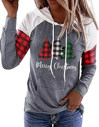 Vista 2 de LLHXRUI Sudadera de Navidad con diseño de árbol a cuadros y rayas para mujer, camiseta con bolsillo con capucha, manga larga, bloque de color Como