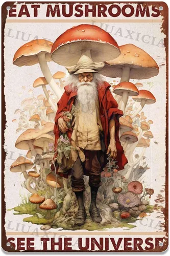 Vista 8 de Letrero retro de hojalata con texto en inglés "Eat Mushrooms See The Universe for Kitchen Bar Garage Decor 8.00"x12.00