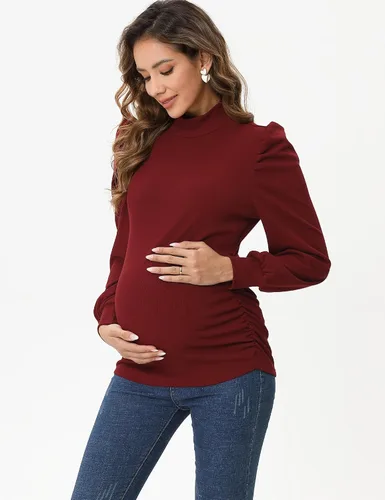 Vista 4 de Camiseta de maternidad de punto acanalado para mujer, casual, cuello alto, manga larga, fruncida, túnica para mujeres embarazadas
